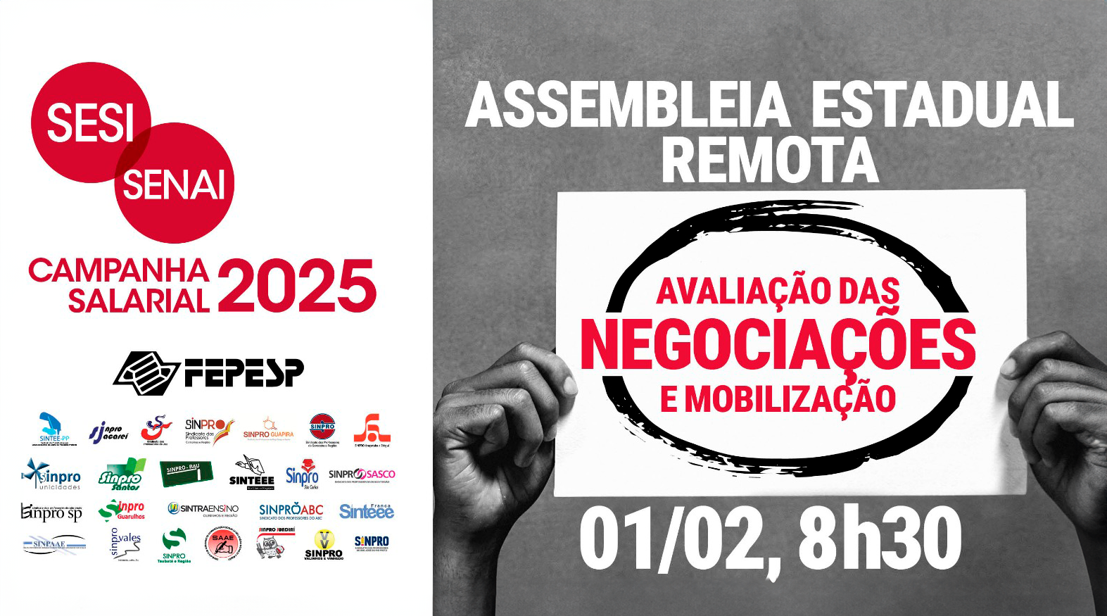 Campanha Salarial SESI | Participe da assembleia estadual remota neste sábado, 1º de fevereiro, às 8h30