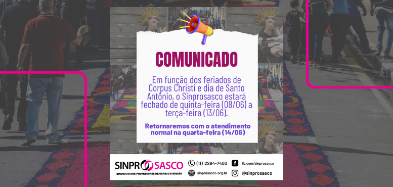 FERIADÃO | Confira o horário de funcionamento do Sinprosasco